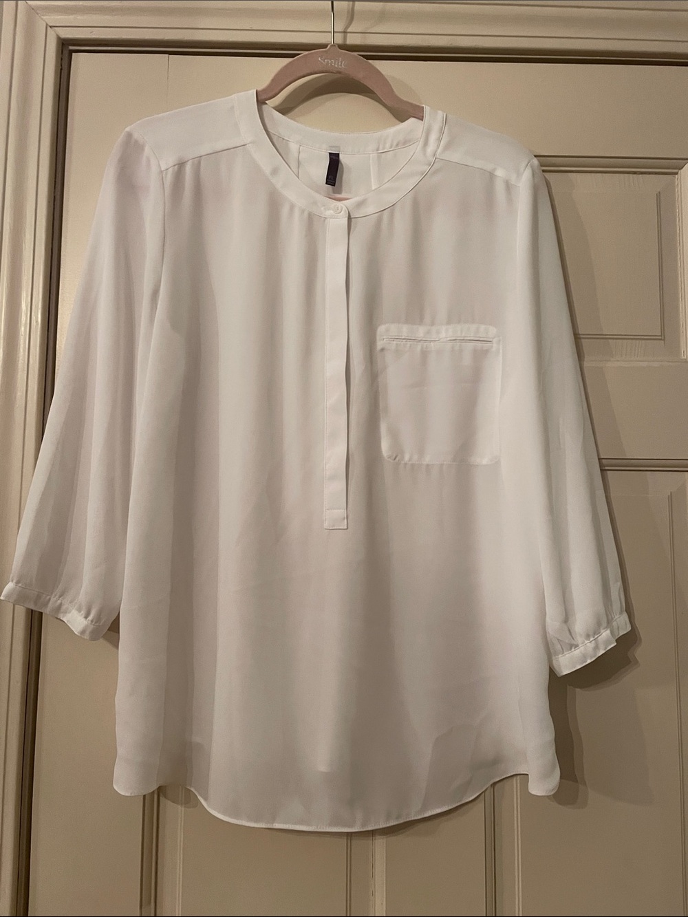 NYDJ-Women's White Split-Neck Pocket Blouse’s-Size Petite—large